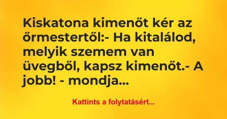 Vicc: Kiskatona kimenőt kér az őrmestertől:
– Ha kitalálod, melyik… Vicc: Kiskatona kimenőt kér az őrmestertől:
– Ha kitalálod, melyik…