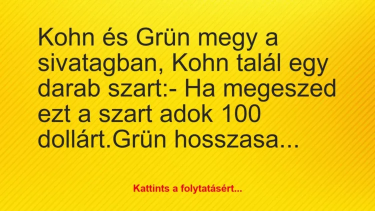 Vicc: Kohn és Grün megy a sivatagban, Kohn talál egy darab szart:
– Ha… Vicc: Kohn és Grün megy a sivatagban, Kohn talál egy darab szart:
– Ha…