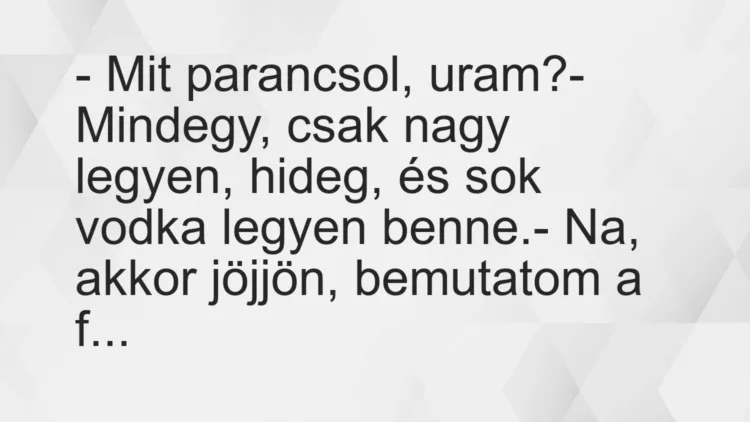 Vicc: – Mit parancsol, uram?
– Mindegy, csak nagy legyen, hideg, és sok… Vicc: – Mit parancsol, uram?
– Mindegy, csak nagy legyen, hideg, és sok…