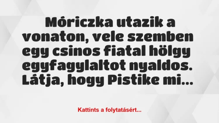 Vicc:
Móriczka utazik a vonaton, vele szemben egy… Vicc:
Móriczka utazik a vonaton, vele szemben egy…