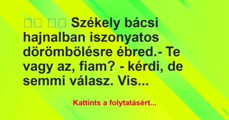 Vicc:
Székely bácsi hajnalban iszonyatos dörömbölésre… Vicc:
Székely bácsi hajnalban iszonyatos dörömbölésre…