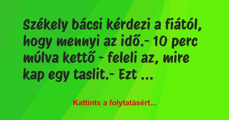 Vicc: Székely bácsi kérdezi a fiától, hogy mennyi az idő.
– 10 perc… Vicc: Székely bácsi kérdezi a fiától, hogy mennyi az idő.
– 10 perc…