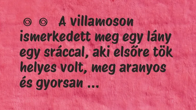 Vicces történet:
A villamoson ismerkedett meg egy lány … Vicces történet:
A villamoson ismerkedett meg egy lány …