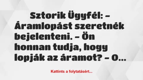 Vicces történet: 
	    	    Sztorik


Ügyfél:


– Áramlopást szeretnék…