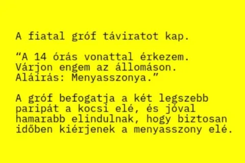 Vicc: A fiatal gróf táviratot kap, hogy a délutáni vonattal Vicc: A fiatal gróf táviratot kap, hogy a délutáni vonattal érkezik a…
