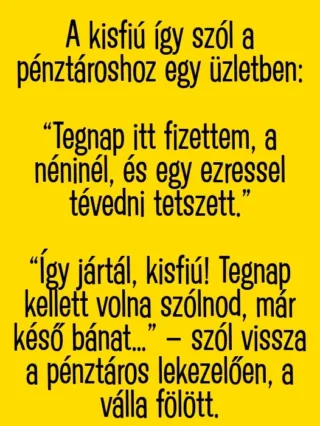 Vicc: A kisfiú így szól a pénztároshoz