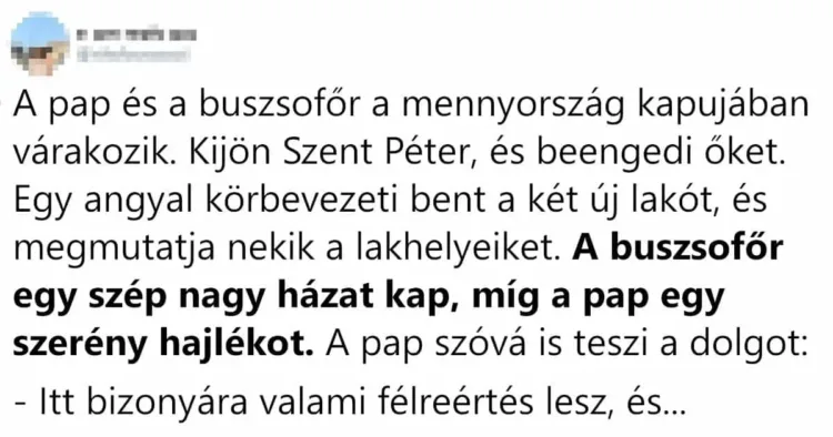 Vicc: A pap és a buszsofőr a mennyország kapujában várakozik Vicc: A pap és a buszsofőr a mennyország kapujában várakozik