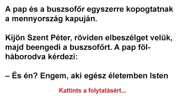 Vicc: A pap és a buszsofőr egyszerre kopogtatnak a mennyország... Vicc: A pap és a buszsofőr egyszerre kopogtatnak a mennyország…