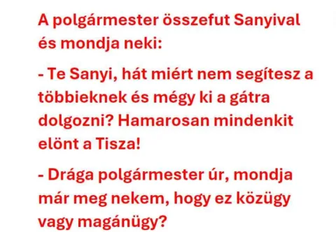 Vicc: A polgármester összefut Sanyival és mondja neki: Vicc: A polgármester összefut Sanyival és mondja neki: