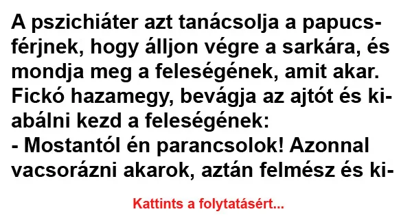 Vicc: A pszichiáter azt tanácsolja a papucsférjnek Vicc: A pszichiáter azt tanácsolja a papucsférjnek