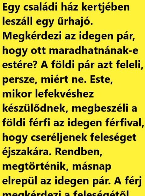 Vicc: Egy családi ház kertjében leszáll egy űrhajó Vicc: Egy családi ház kertjében leszáll egy űrhajó