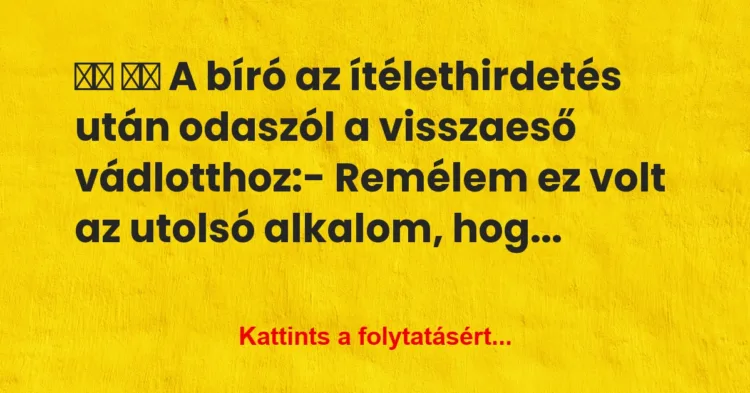 Vicc:
A bíró az ítélethirdetés után odaszól a visszaeső… Vicc:
A bíró az ítélethirdetés után odaszól a visszaeső…