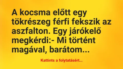 Vicc: A kocsma előtt egy tökrészeg férfi fekszik az aszfalton. Egy… Vicc: A kocsma előtt egy tökrészeg férfi fekszik az aszfalton. Egy…
