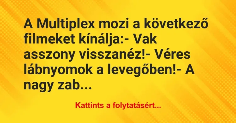 Vicc: A Multiplex mozi a következő filmeket kínálja:
– Vak asszony… Vicc: A Multiplex mozi a következő filmeket kínálja:
– Vak asszony…