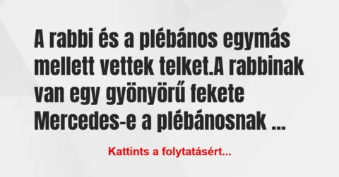Vicc: A rabbi és a plébános egymás mellett vettek telket.
A rabbinak… Vicc: A rabbi és a plébános egymás mellett vettek telket.
A rabbinak…
