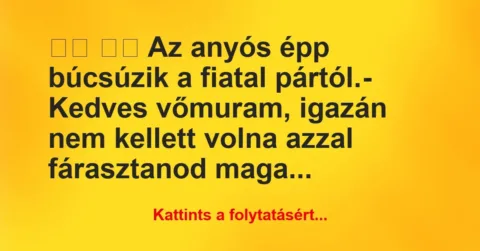 Vicc: 
		  
		  Az anyós épp búcsúzik a fiatal pártól.-…