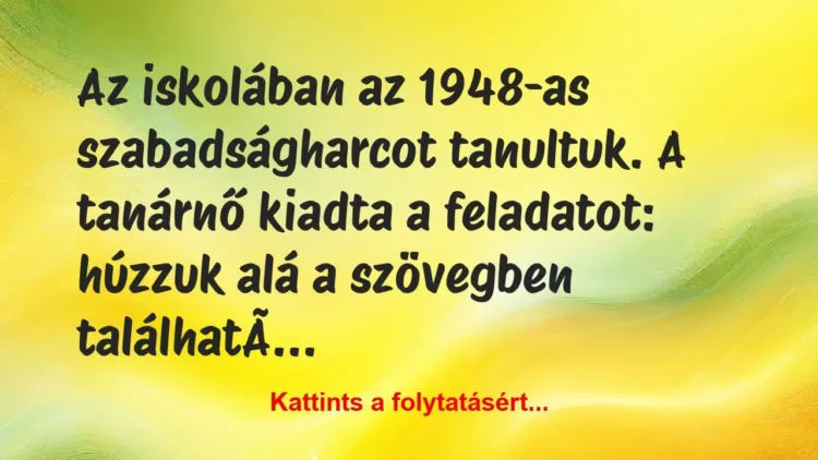 Vicc: Az iskolában az 1948-as szabadságharcot tanultuk. A tanárnő… Vicc: Az iskolában az 1948-as szabadságharcot tanultuk. A tanárnő…