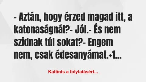 Vicc: – Aztán, hogy érzed magad itt, a katonaságnál?
-… Vicc: – Aztán, hogy érzed magad itt, a katonaságnál?
-…