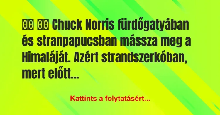 Vicc:
Chuck Norris fürdőgatyában és stranpapucsban… Vicc:
Chuck Norris fürdőgatyában és stranpapucsban…