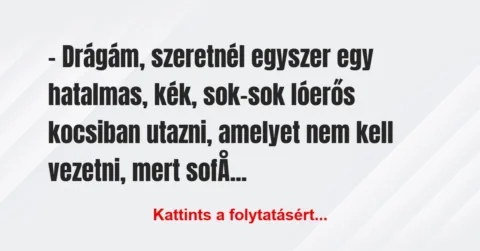 Vicc: – Drágám, szeretnél egyszer egy hatalmas, kék, sok-sok lóerős kocsiban… Vicc: – Drágám, szeretnél egyszer egy hatalmas, kék, sok-sok lóerős kocsiban…