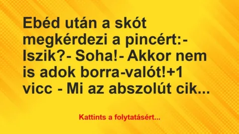 Vicc: Ebéd után a skót megkérdezi a pincért:
– Iszik?
-… Vicc: Ebéd után a skót megkérdezi a pincért:
– Iszik?
-…