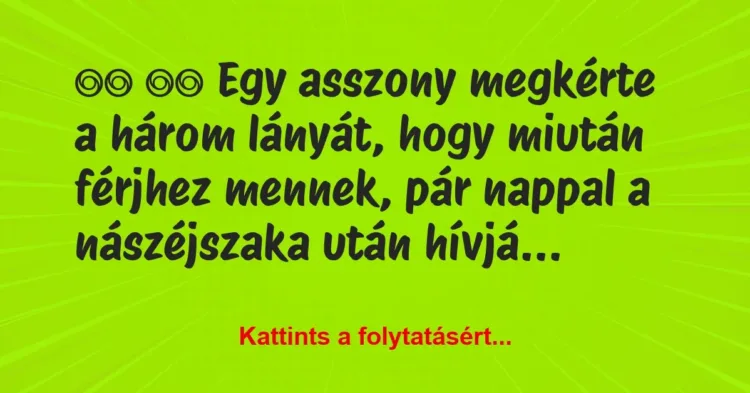 Vicc:
Egy asszony megkérte a három lányát, hogy miután … Vicc:
Egy asszony megkérte a három lányát, hogy miután …