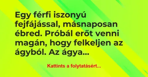 Vicc: Egy férfi iszonyú fejfájással, másnaposan ébred. Próbál erőt venni…