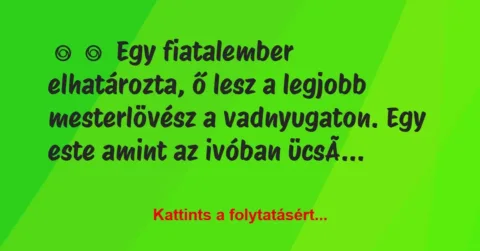Vicc:
Egy fiatalember elhatározta, ő lesz a legjobb mesterlövész … Vicc:
Egy fiatalember elhatározta, ő lesz a legjobb mesterlövész …