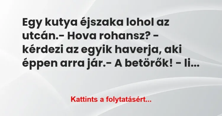 Vicc: Egy kutya éjszaka lohol az utcán.
– Hova rohansz? – kérdezi az… Vicc: Egy kutya éjszaka lohol az utcán.
– Hova rohansz? – kérdezi az…