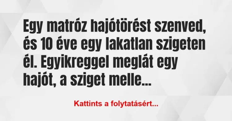 Vicc: Egy matróz hajótörést szenved, és 10 éve egy lakatlan szigeten él. Egy… Vicc: Egy matróz hajótörést szenved, és 10 éve egy lakatlan szigeten él. Egy…
