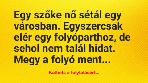 Vicc: Egy szőke nő sétál egy városban. Egyszercsak elér egy… Vicc: Egy szőke nő sétál egy városban. Egyszercsak elér egy…