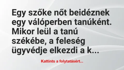 Vicc: Egy szőke nőt beidéznek egy válóperben tanúként. Mikor leül… Vicc: Egy szőke nőt beidéznek egy válóperben tanúként. Mikor leül…