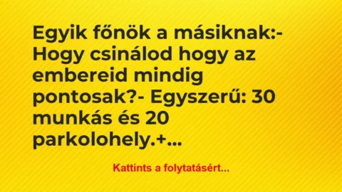 Vicc: Egyik főnök a másiknak:
– Hogy csinálod hogy az… Vicc: Egyik főnök a másiknak:
– Hogy csinálod hogy az…