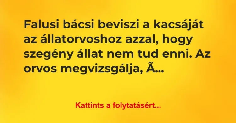 Vicc: Falusi bácsi beviszi a kacsáját az állatorvoshoz azzal, hogy szegény… Vicc: Falusi bácsi beviszi a kacsáját az állatorvoshoz azzal, hogy szegény…