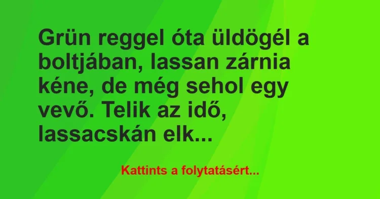 Vicc: Grün reggel óta üldögél a boltjában, lassan zárnia kéne, de még sehol… Vicc: Grün reggel óta üldögél a boltjában, lassan zárnia kéne, de még sehol…