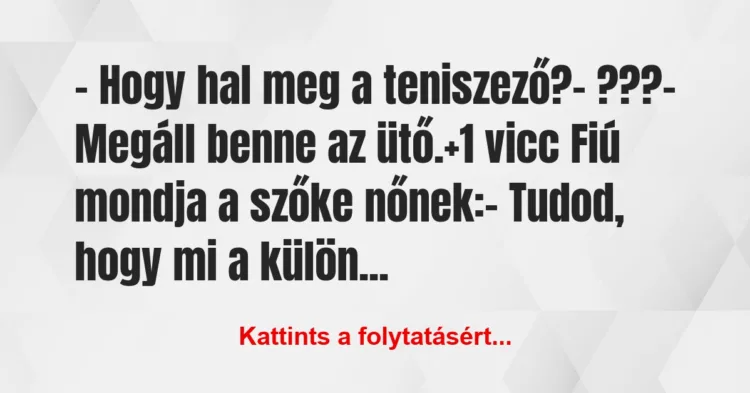Vicc: – Hogy hal meg a teniszező?
– ???
– Megáll benne az ütő. Vicc: – Hogy hal meg a teniszező?
– ???
– Megáll benne az ütő.