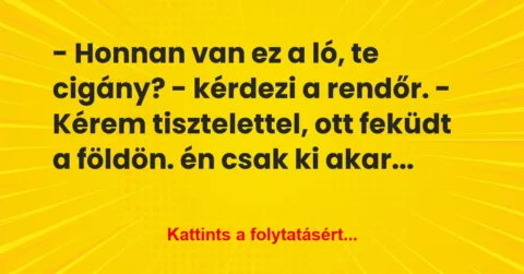 Vicc: – Honnan van ez a ló, te cigány? – kérdezi a rendőr.
– Kérem… Vicc: – Honnan van ez a ló, te cigány? – kérdezi a rendőr.
– Kérem…