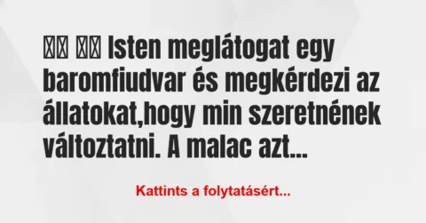 Vicc:
Isten meglátogat egy baromfiudvar és megkérdezi a… Vicc:
Isten meglátogat egy baromfiudvar és megkérdezi a…