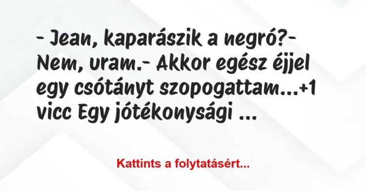 Vicc: – Jean, kaparászik a negró?
– Nem, uram.
– Akkor egész éjjel… Vicc: – Jean, kaparászik a negró?
– Nem, uram.
– Akkor egész éjjel…