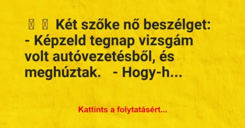 Vicc:
Két szőke nő beszélget:
– Képzeld tegnap vizsgám… Vicc:
Két szőke nő beszélget:
– Képzeld tegnap vizsgám…