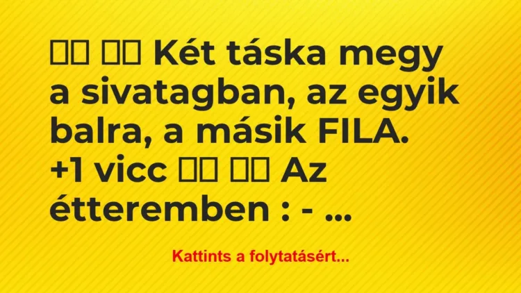 Vicc:
Két táska megy a sivatagban, az egyik… Vicc:
Két táska megy a sivatagban, az egyik…