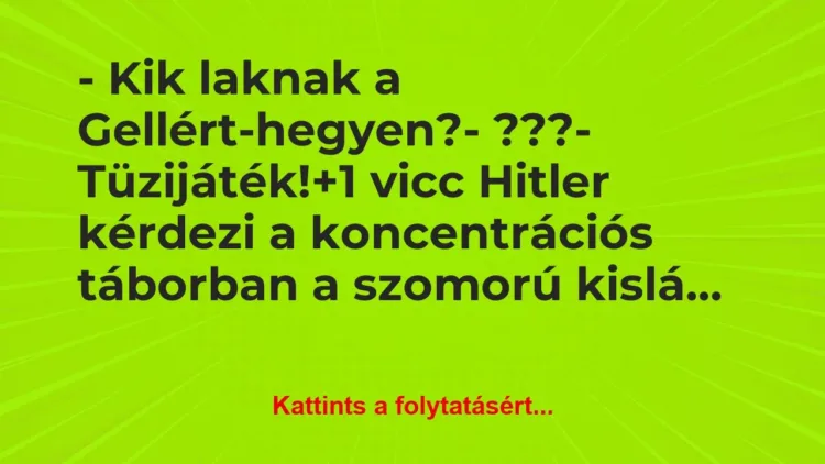 Vicc: – Kik laknak a Gellért-hegyen?
– ???
– Tüzijáték! Vicc: – Kik laknak a Gellért-hegyen?
– ???
– Tüzijáték!