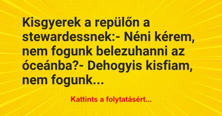 Vicc: Kisgyerek a repülőn a stewardessnek:
– Néni kérem, nem fogunk… Vicc: Kisgyerek a repülőn a stewardessnek:
– Néni kérem, nem fogunk…