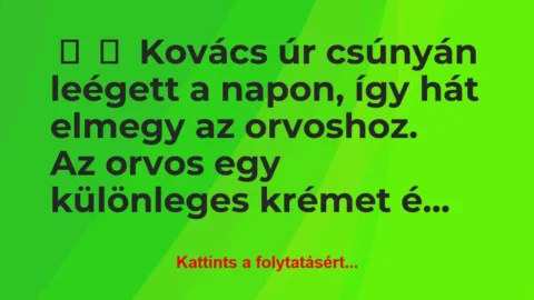 Vicc: 
	    	    Kovács úr csúnyán leégett a napon, így hát elmegy…