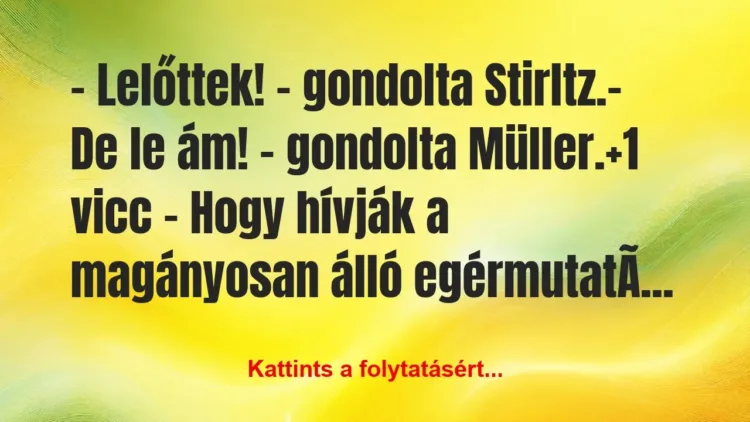 Vicc: – Lelőttek! – gondolta Stirltz.
– De le ám! – gondolta… Vicc: – Lelőttek! – gondolta Stirltz.
– De le ám! – gondolta…