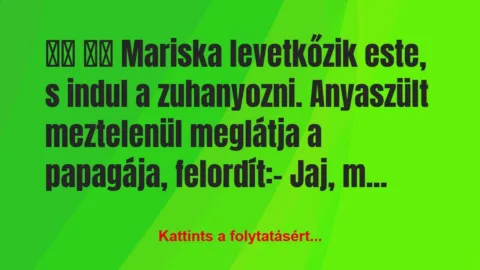Vicc:
Mariska levetkőzik este, s indul a… Vicc:
Mariska levetkőzik este, s indul a…