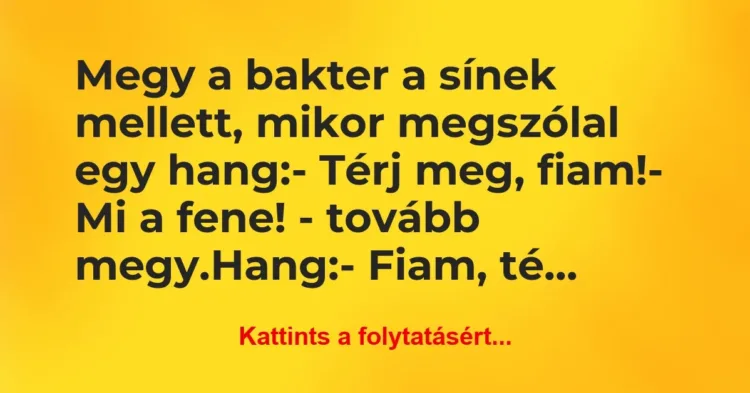 Vicc: Megy a bakter a sínek mellett, mikor megszólal egy hang:
– Térj… Vicc: Megy a bakter a sínek mellett, mikor megszólal egy hang:
– Térj…