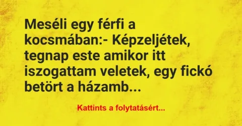 Vicc: Meséli egy férfi a kocsmában:

– Képzeljétek, tegnap este amikor…