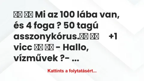 Vicc:
Mi az 100 lába van, és 4 foga ?… Vicc:
Mi az 100 lába van, és 4 foga ?…
