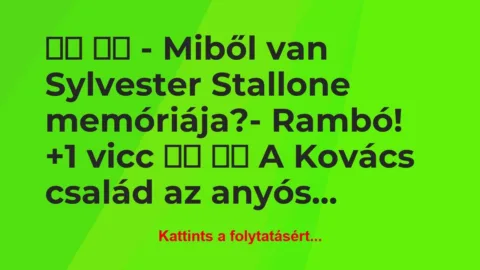 Vicc:
– Miből van Sylvester Stallone… Vicc:
– Miből van Sylvester Stallone…